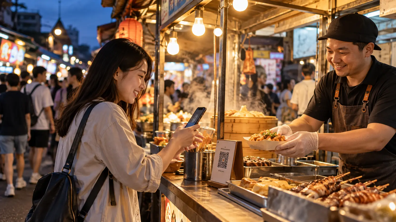 夜市來客在攤位前掃碼查看活動資訊的情境示意
