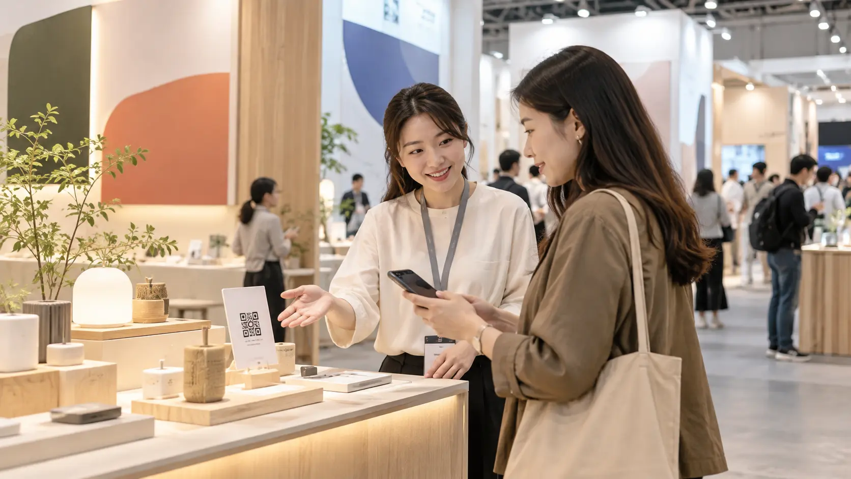 展覽快閃展攤人員協助訪客以手機取得產品資訊的情境示意