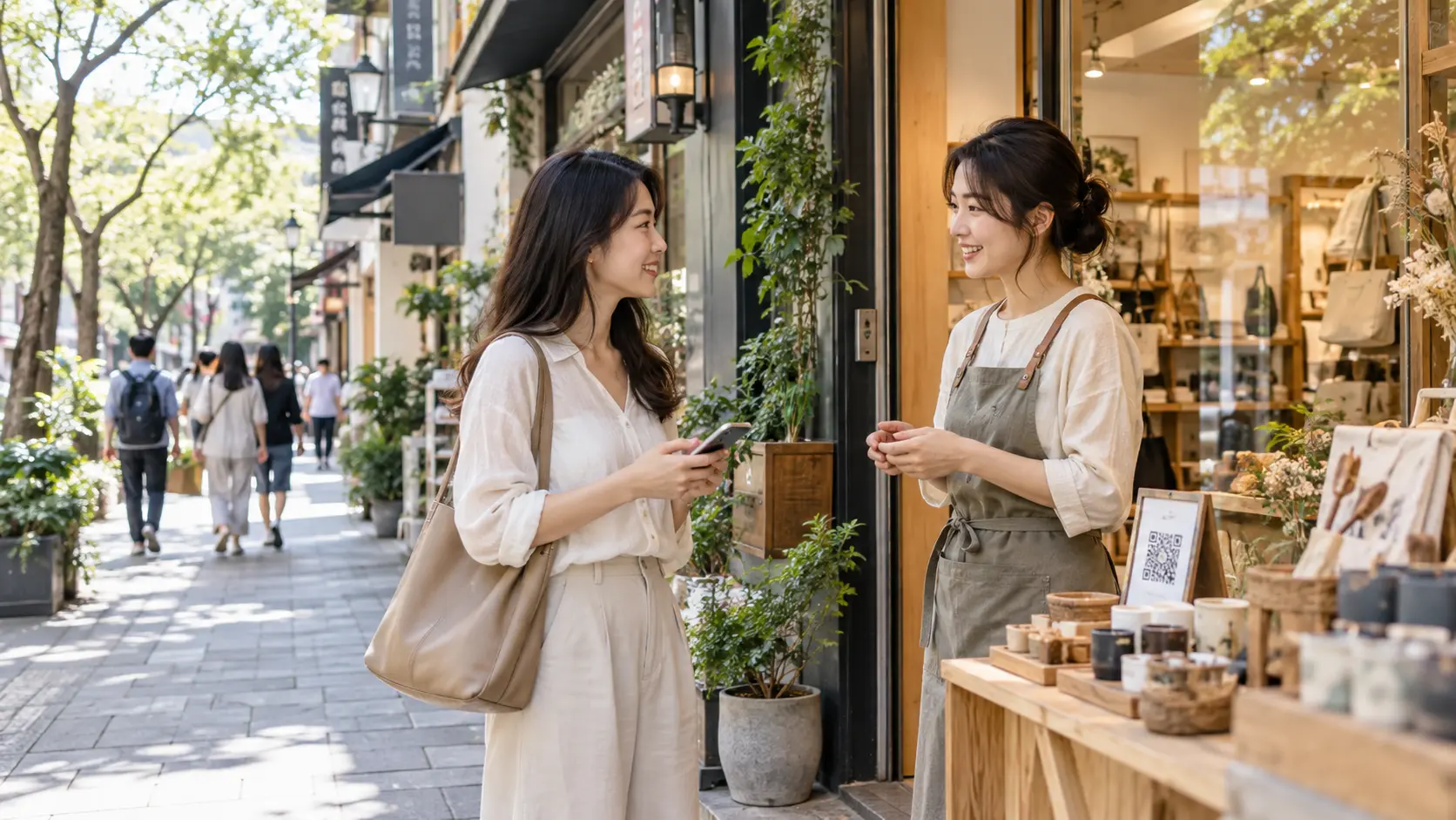 商圈店家向來客介紹手機活動入口的情境示意