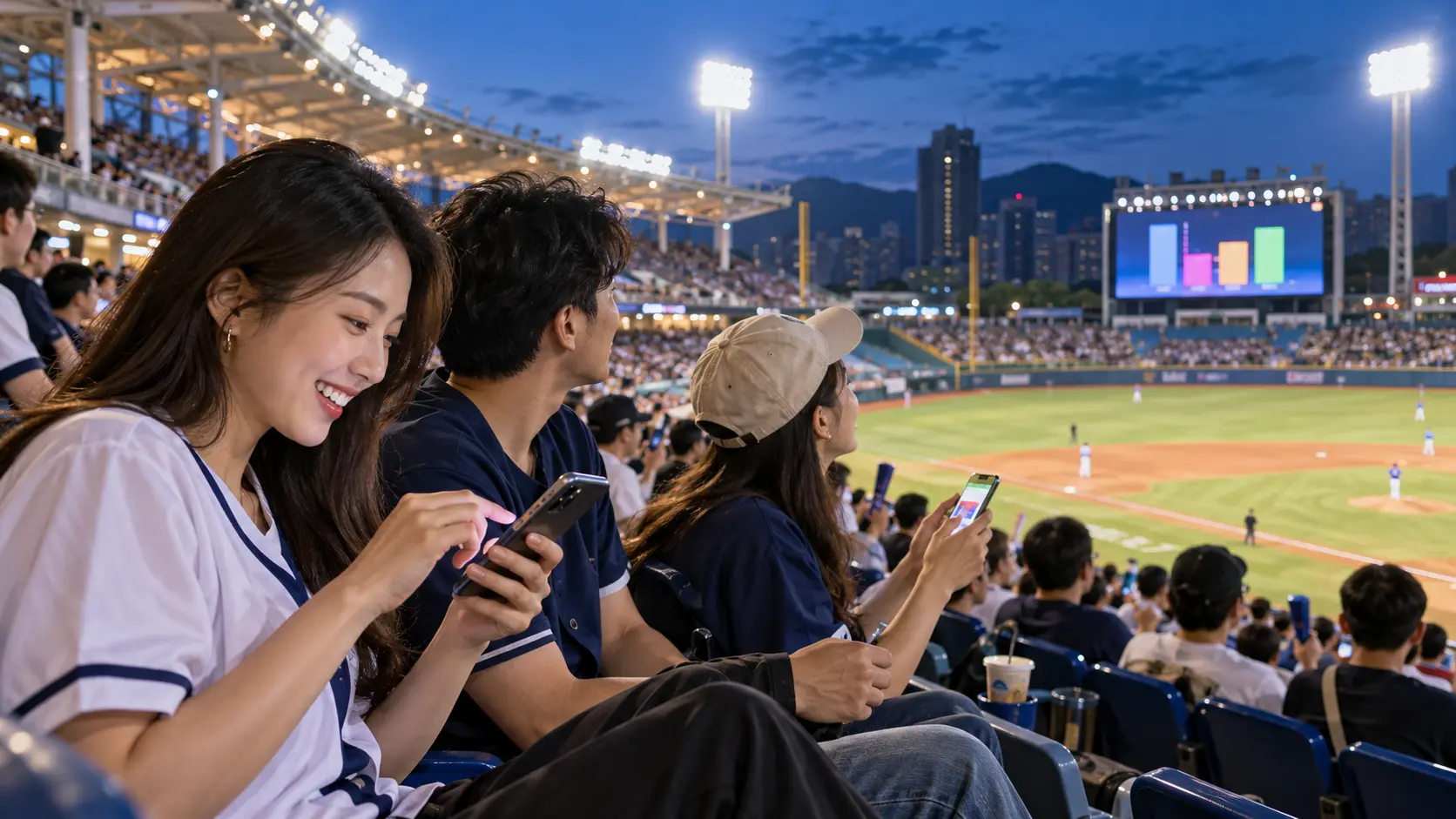 職棒球場觀眾以手機參與現場互動的情境示意