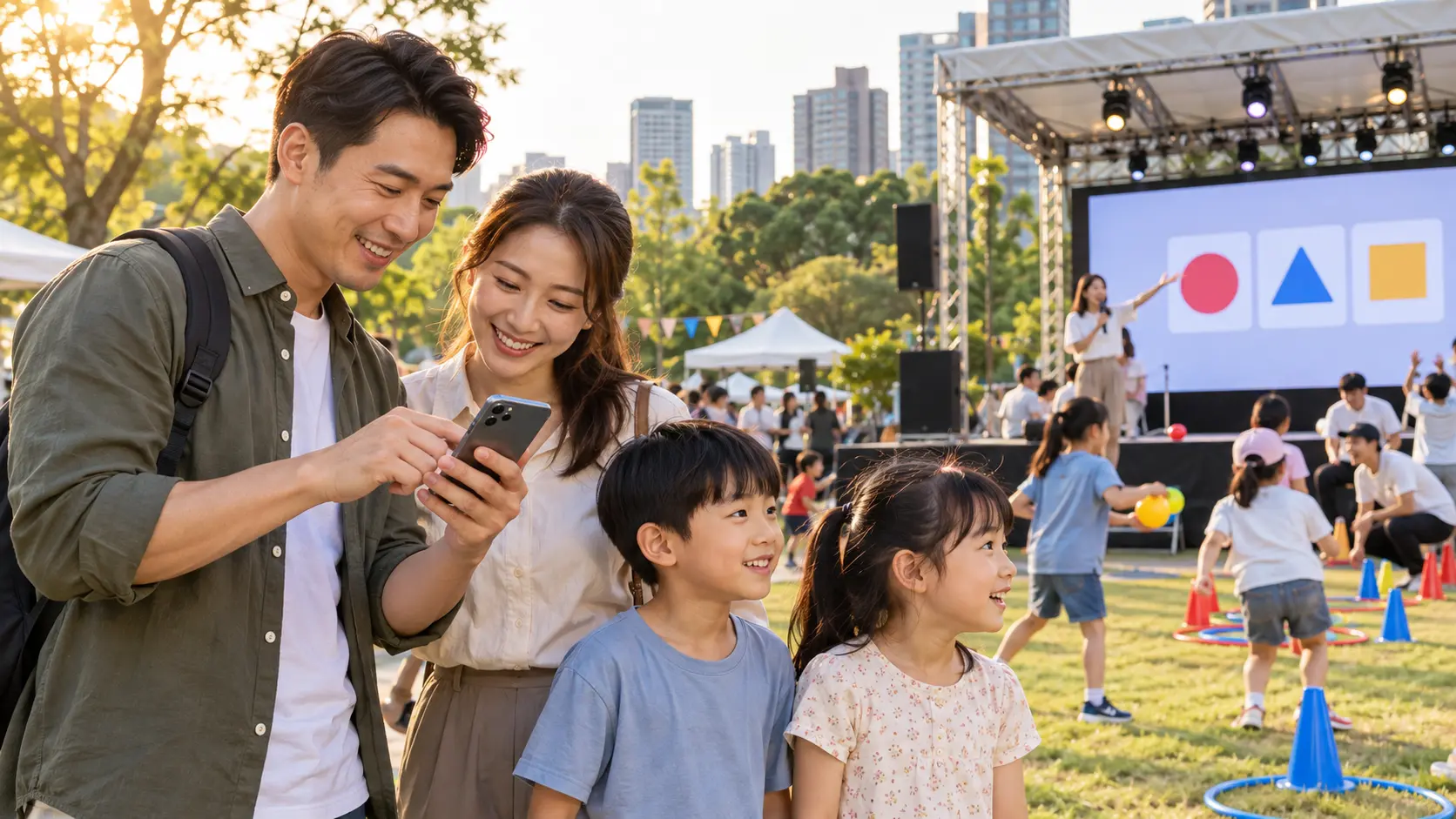戶外親子活動日由家長使用手機帶領家庭參與的情境示意