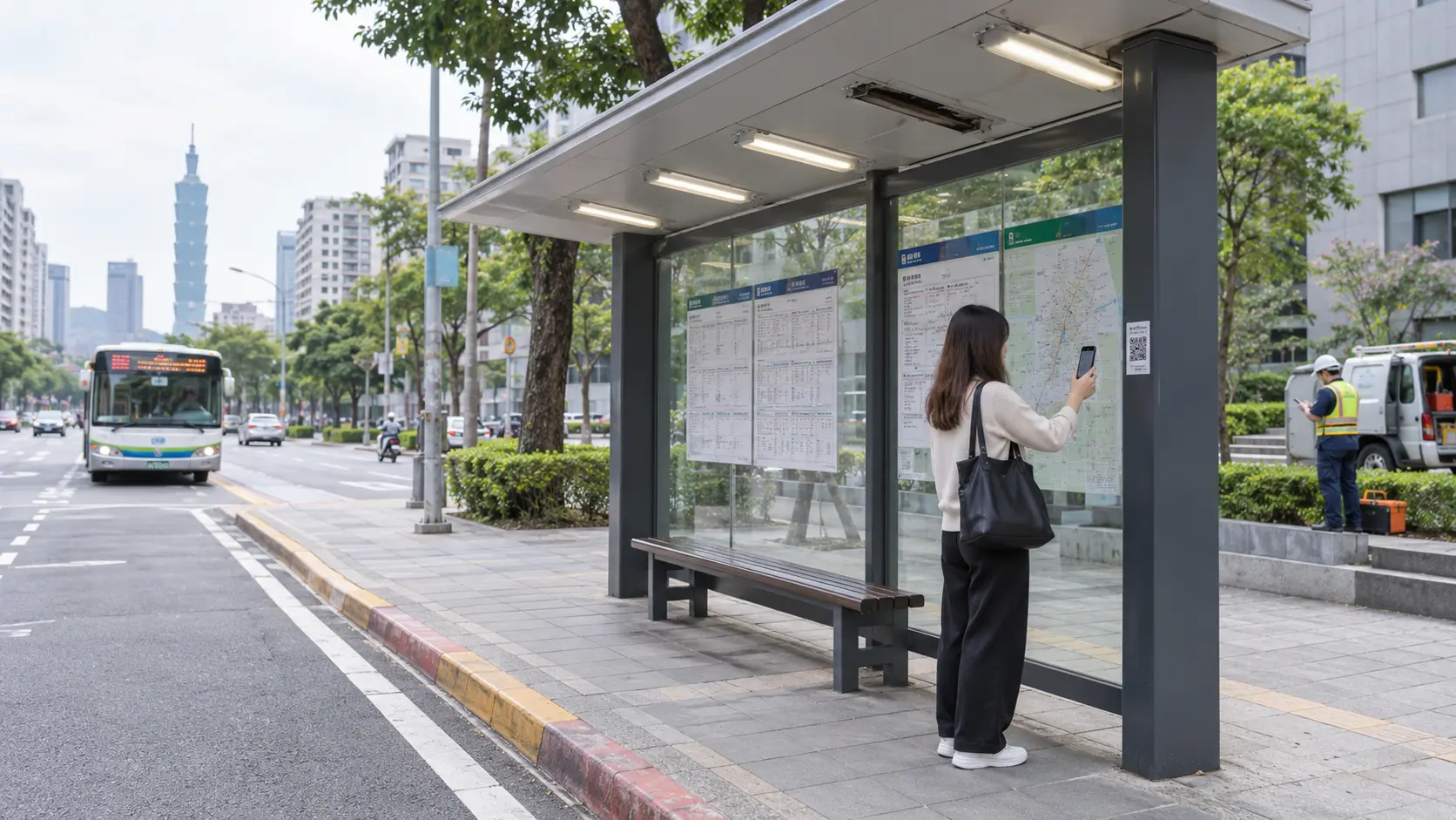 民眾在台北公車站掃碼通報照明設備問題的擬真情境示意