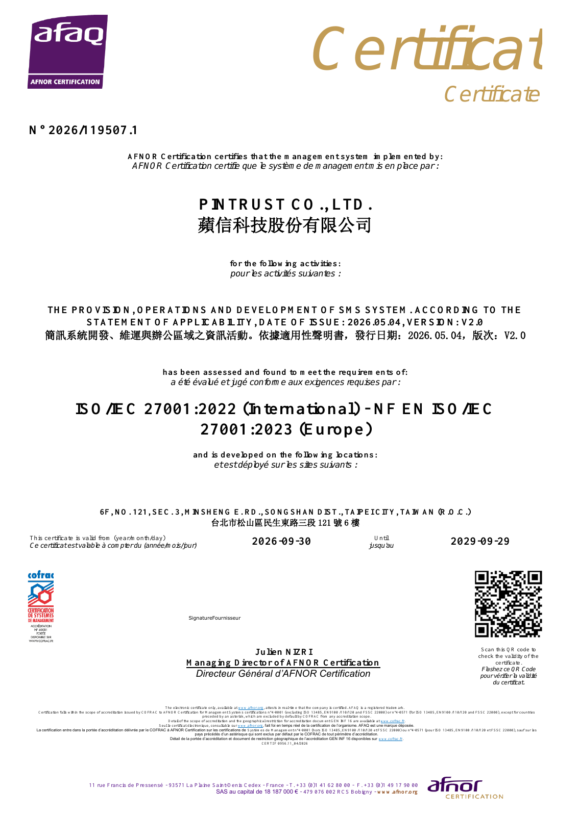 PINTrust ISO IEC 27001:2022 information security management system certificate